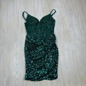 Stacees Emerald Green Sequin Corset Bodycon Mini Dress Spaghetti Straps Formal 2